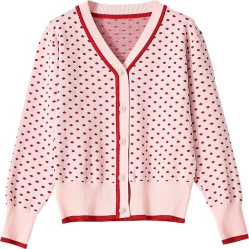 2021 Women Dot Knitting Cardigan Sweet Korean Style Spring Autumn V-Neck Pearl Buttons Fashion Black Pink Knitted Sweaters Coat