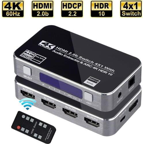 4K@60Hz 4 Ports HDMI 2.0b Switch Switcher Box 4 in 1 Out with Optical 3.5mm Stereo Audio Out Remote Audio Extractor ARC HDCP2.2