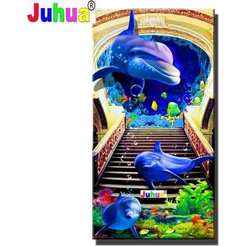 Large Undersea Dolphins Diamond Painting 5D Full Square/round Diamond Embroidery Mosaic Sea Coral,Aisle entrance decoration