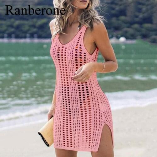 Ranberone Hollow Out Beach Dress Women V Neck Sleeveless Crochet Swimsuit Cover Up Vestidos Female Bathing Suit Bikini Cover Up