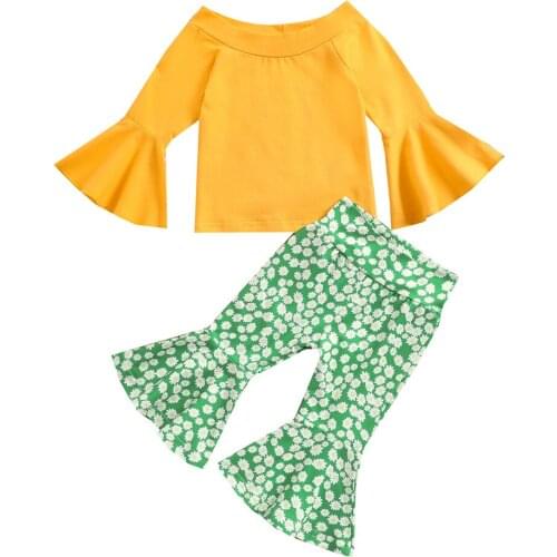 2021 0-4Y Kids Baby Girl Clothing Yellow Solid Color Flare Long Sleeve Blouse+Floral Print Pants Fashion Spring Fall 2pcs Set