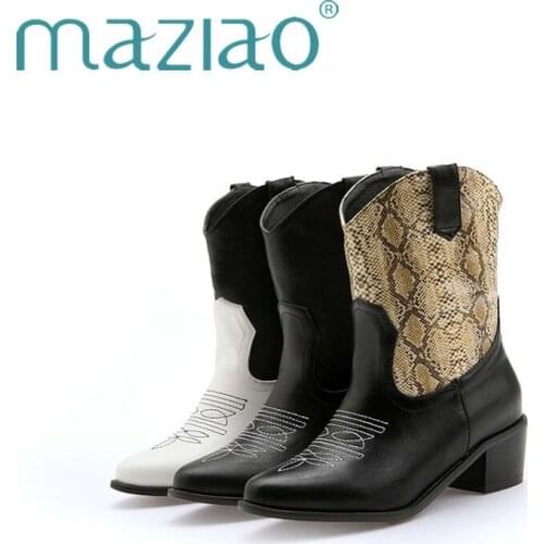 Ankle Boots Women Pu Leather Square Med Heels Western Boots Pointed Toe Patchwork Fashion Winter Short Boots Woman Shoes MAZIAO