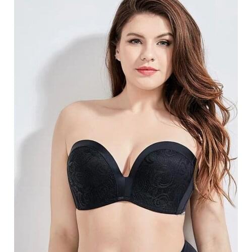 Plus Size Strapless Bra Sexy Seamless Invisible Push Up Lace Bra Wireless Non-slip Gathered Big Cup Bracier De Mujer 90 95 E F