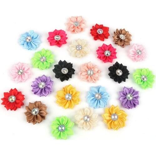 20Pcs/lot 12 Colors Handmade Small Fabric Satin Flowers with Rhinestone Appliques Sewing Wedding Garment Accessories Flowers