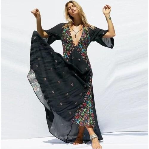 DUISNENA long boho black/white dress deep v-neck sexy robe summer floral print chiffon women dresses flared sleeve vestidos