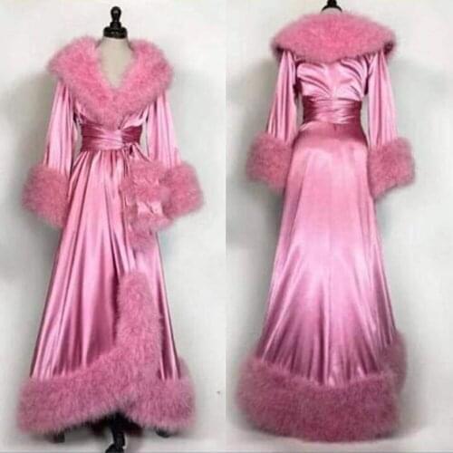 New Womens Fur Robes Bathrobe Long Silk Fur Dresses Photo Shoot Birthday Party Bridal Fluffy Party Sleepwear Custom Made Gown