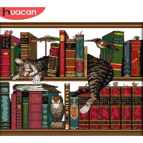 HUACAN Cross Stitch Cat Shelf Sets White Canvas Needlework Handicrafts Cross Stitch Animal 14CT 11CT Embroidery Cat