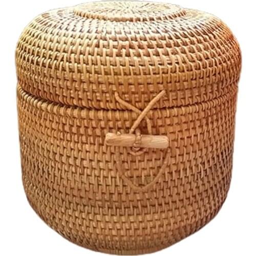 Handmade Rattan Storage Basket Snack Fruit Vegetable Box with Cover for Sundries R9JC