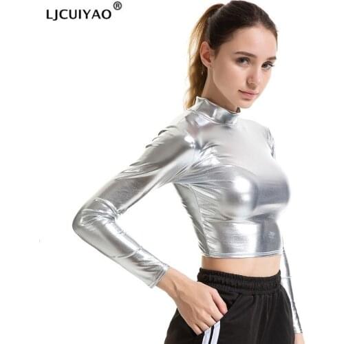 LJCUIYAO PU Tops T-Shirt Women Shiny Leather Top High Street Turtleneck Dance Clubwear Long Sleeve Tops Gold Silver T-Shirt XXL