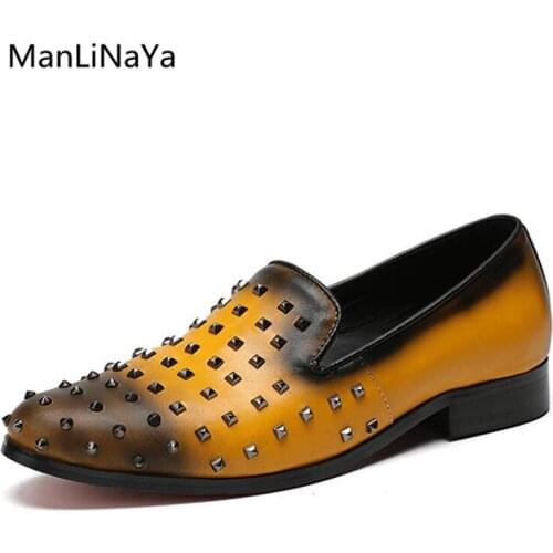 Genuine Leather Rivet Men Casual Shoes Round Toe Slip on Male Loafers Mixed Colors Breathable Men Party Shoes Smoking Slippers