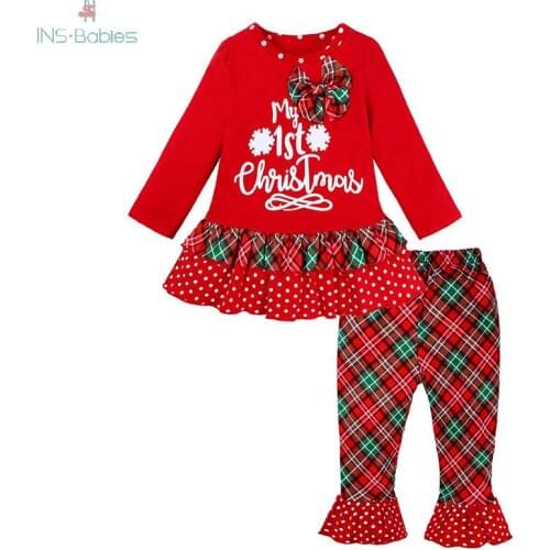 2020 New My 1st Christmas Girls Set Children'clothing suit for newborn 2pcs Long Sleeve Tops+pants baby cute red sets for girl