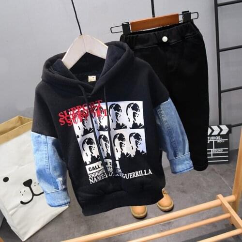 New winter Children Clothing Boys Cartoon Casual Sports Thick hoodie, thick pants 2pcs/Set Infant Outfit Kids Clothes Suit 2-6Y