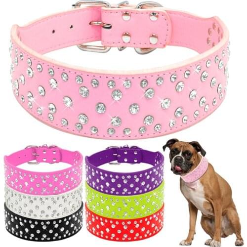 Fashion Jeweled Rhinestones Pet Dog Collars Sparkly Crystal Diamonds Studded PU Leather Collar For Medium & Large Dogs Pitbull