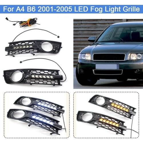 2PCS Front Fog Light Grille Flowing LED DRL Daytime Running Turn Signal Lamp Mesh Cover For A4 B6 2001-2005 8E0807681 8E0807682