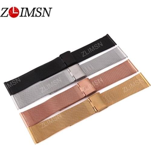 ZLIMSN Mesh Stainless Steel Watch Band Strap Watchbands Silvery Black Rose Gold Silvery Flat End Bracelets 14 16 18 20 22 24mm