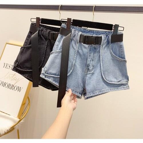 2021 New Women High Waist Wide Leg Black Blue Denim Shorts Casual Female Big Pocket Belt Loose Fit Jeans Shorts
