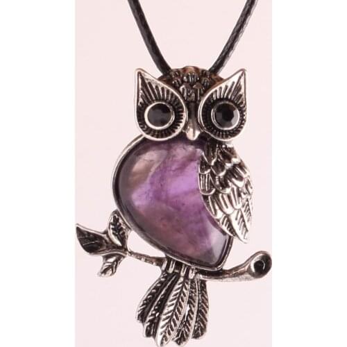Alloy Owl inlaid Wth Amethysts Natural Stone Quartz Crystal Pendant Druzy Reiki Pendulum Charm Women Healing Jewelry Making