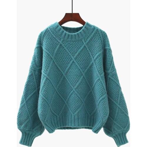 Thicken Warm Women Sweater Pullovers Winter New O-Neck Solid Lantern Sleeved Casual Female Pulls Outwear Tops