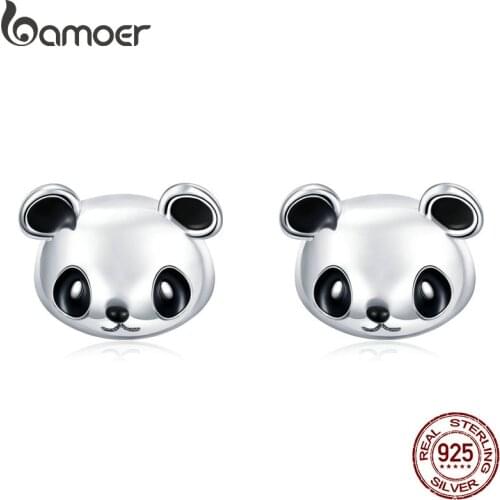 BAMOER Genuine 100% 925 Sterling Silver Animal Collection Cute Panda Stud Earrings for Women Sterling Silver Jewelry SCE386