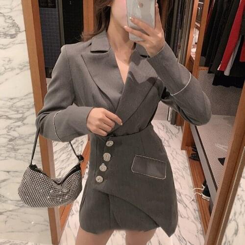 Women Double Breasted Long Blazer Detachable Cummerbunds Asymmetrical Casual Blazer Coat