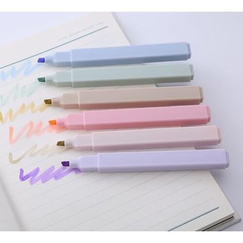 6 Color Creative Morandi Color Highlighter Eye Protection Soft Tip Marker Pen Student Oblique Tip Highlighter Pen Set stationery