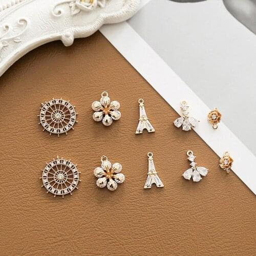 6pcs Copper plating Rhinestone round Eiffel Tower flower double hanging Earrings For Women diy necklace bracelet accessories