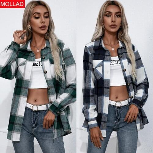European and American Autumn and Winter Long-Sleeved Thickened Cashmere Plaid Top Loose Casual Shirt Coat for Women