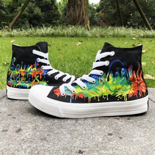Wen Style Adults Unisex Design Saint Louis City Skyline Hand Painted Canvas Sneakers High Top Black Athletic Shoes for Boy Girl