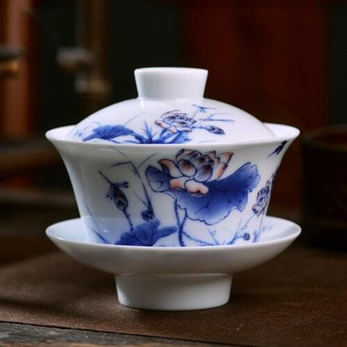 Ceramic Tea Tureen 220ml Jingdezhen Blue and White Porcelain Cup China Kung Fu Tea Bowl Vintage Teaware Lotus Cups Crafts Gift