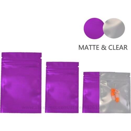 Matte Purple Bag One Side Clear Zip Lock Foil Bag Food Storage Cosmetic Bag Colors For Snack,Tea,Accessories Pouches 100 Pcs
