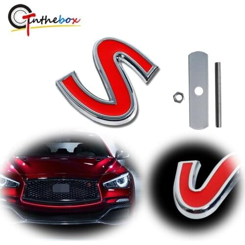 GTinthebox 1PC 3D Chrome Red S Letter Logo Car Front Grill Badge Sticker Decor w/ Mounting Bolt For Infiniti Q50 Q60 Q70 etc