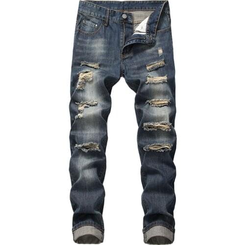 2021 Spring Arrival Mens Ripped Streetwear Destroyed Hip hop Bike Jeans Trendy Holes Straight Denim Pants Hombre Long Trouers