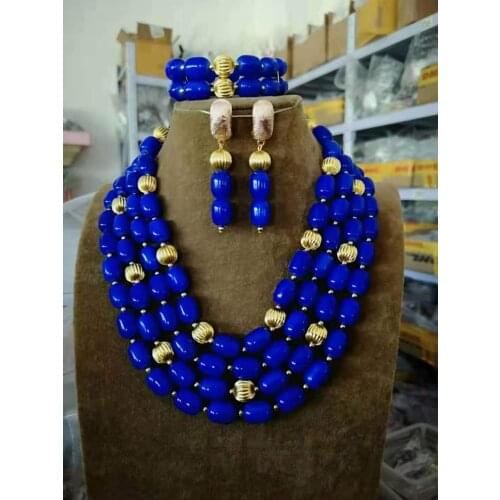 New Royal Blue African Beads Costume Jewelry Sets 4 Layers Arylic Beaded Blue Party Jewelry Set WD063