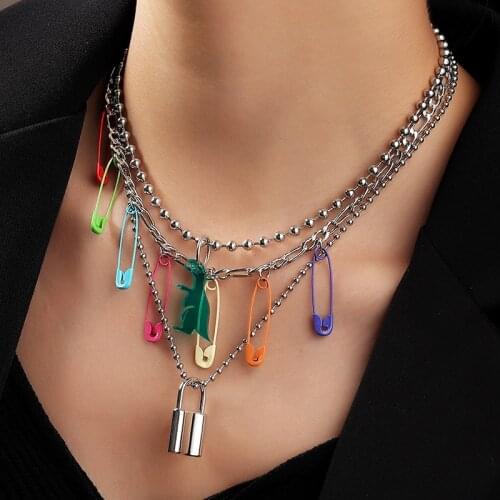 Fashion Trendy New Cute Colorful Safety Pin Dinosaur Lock Charms Pendant Layer Necklace for Women Girls Collar Necklace Jewelry