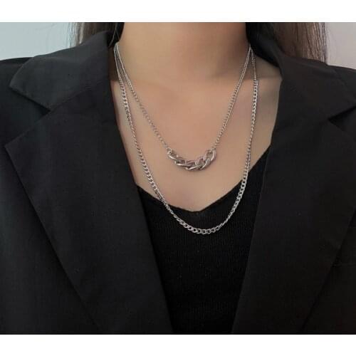 QiLuxy New Punk Hip Hop Cuban Thick Chain Choker Necklace for Women Stainless Steel Multi-layer Chain Necklace Jewelry