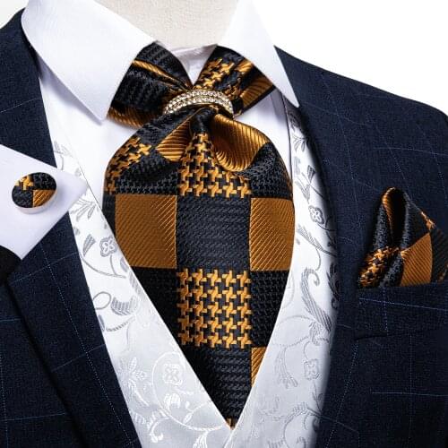 Luxury Silk Ascot Tie Set Gold Black Check Fashion Men Wedding Formal Necktie Self British Style Gentleman Cravat DiBanGu