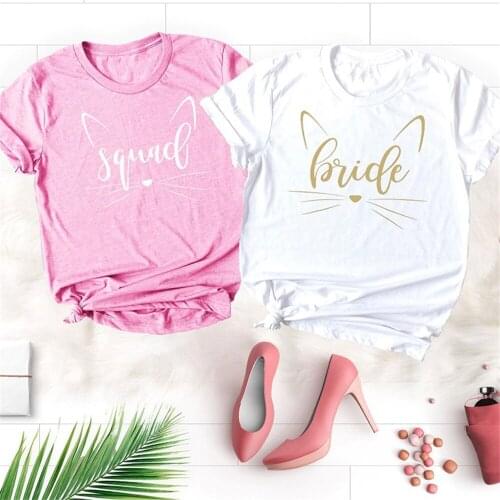 Bride Squad Graphic Shirts Women Kawaii Aesthetic Cats Meow T-shirt Polyester Streetwear T Shirt Ulzzang Bridesmaid Tops ANNJ