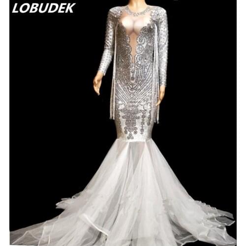 Sexy Long Sleeve Silver Rhinestones Tassel Trailing Dress Women Singer Stage Wear Models Catwalk One Piece Long Dress Costumes