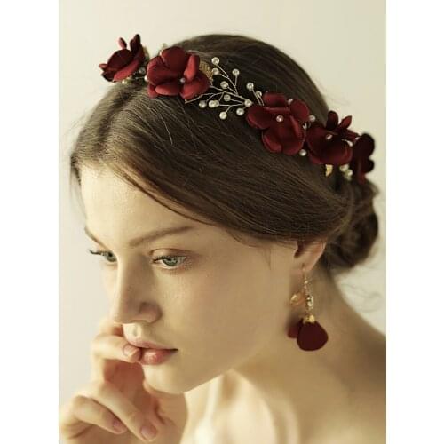 Vintage Red Rose Leaves Pearl Headband and Earrings Flower Hair Accessories sets Bridal Wedding Decoration Banquet for women