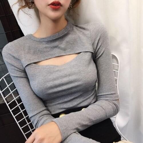 Womens Sexy T Shirt O-neck Solid Color Long Sleeves Hollow Slim Cotton Tops Wholesale Spring Autumn New Fashion Lady Clothing