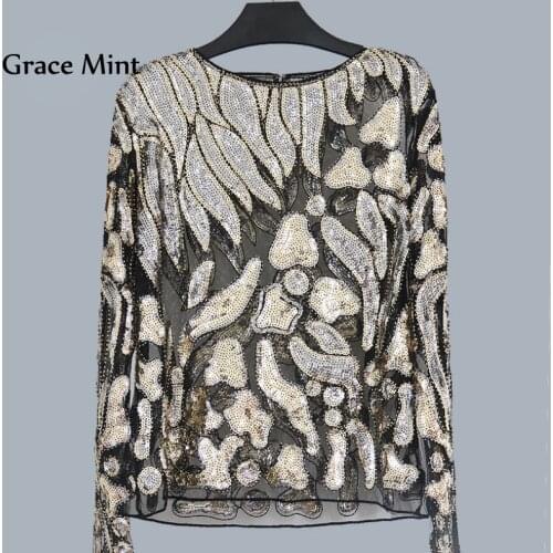 S-XL Geometric Sequins Beading Blouse Women Fashion Pullovers Lace Tops
