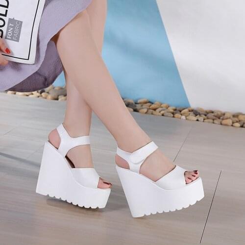 Platform Sandals High Heel Wedge Shoes Woman 2020 New Arrival Summer Black Leather White Peep Toe Ladies Casual Shoes
