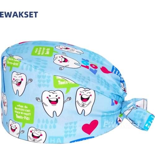 Women Men Dental Scrub Cap Cotton Teeth Print Working Nursing Cap Beauty Salon Dentist Clinic Elastic Accessories Surgicals Hat