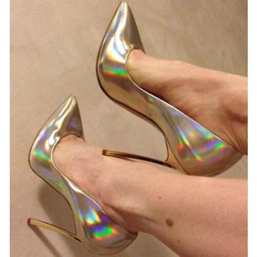 Moraima Snc Fashion Pointed Toe Woman High Heel Shoes Shiny Laser Leather Thin Heels Pumps Runway Stiletto Heels Gold Silver
