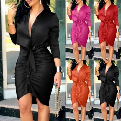 Womens Dresses Fashion V-neck Party Summer Dress Solid Color Sexy Dress Long Sleeves Lace-up Casual Dress Vetement Femme 2021