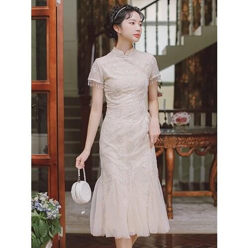 2021 Summer New Womens Retro Chinese Style Pearl Tassels Slim Cheongsam Dress Literary Embroidery Mesh Stitching Dress