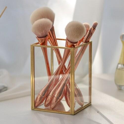 Golden Cosmetic Storage Box Desktop Lipstick Finishing Glass Plaid Jewelry Classification Storage Makeup Brush Organizer