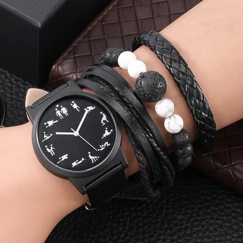 2021 Leather Strap Wristwatch Jewelry Stone Beads Braided Gifts Set Fashion Fun Quartz Watch Retro Black Bracelet Suits for Men