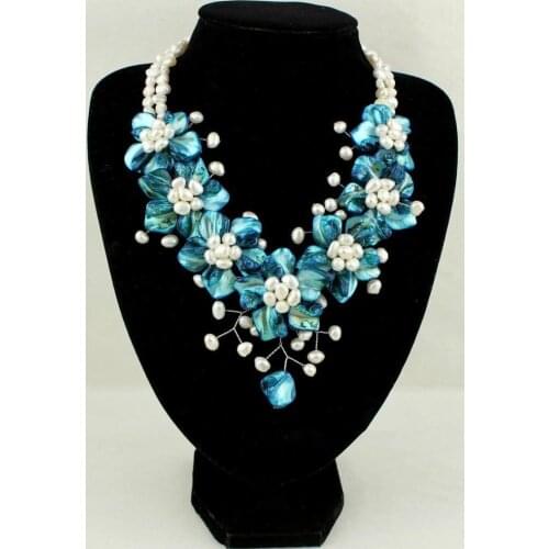45cm new blue MOP shell FW pearl flower necklace