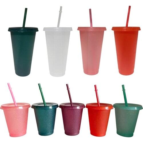 700ml/473ml Straw Cup With Lid Coffee Cup Reusable Cups Plastic Tumbler Flash powder Shiny Finish Reusable Plastic Cup Wholesale